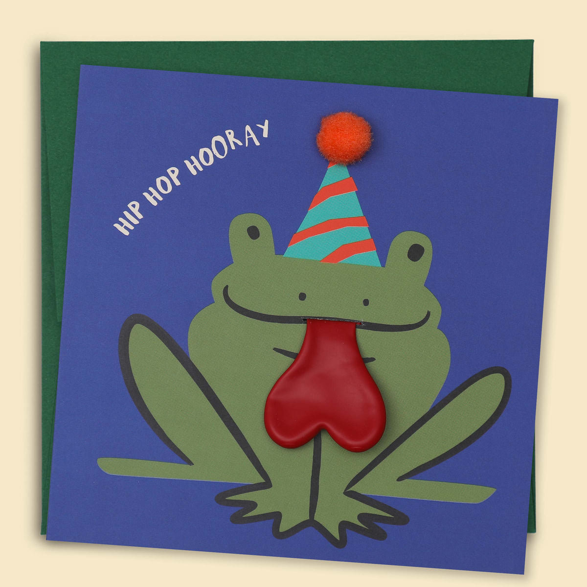 A greeting card with a frog wearing a party hat with a heart-shaped balloon tongue, titled 'Hip Hop Hooray' — Australian-made greeting card by Papernest.