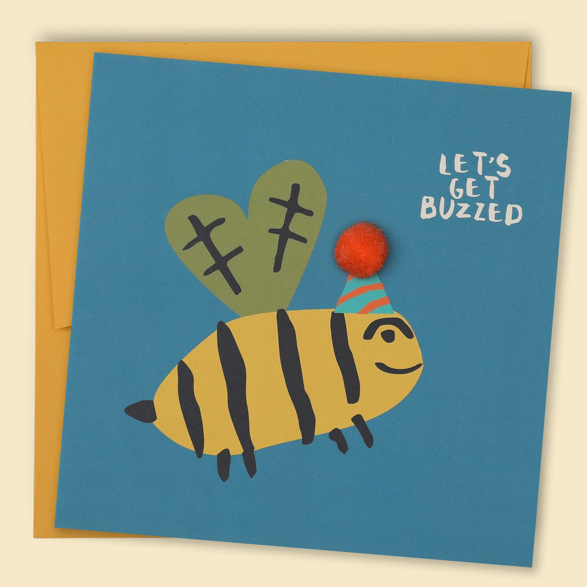 An illustration of a bee wearing a party hat with a pom pom detail and the text 'Let's get buzzed' — Australian-made greeting card by Papernest
