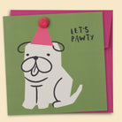 Illustration of dog wearing a party hat with a pom pom detail titled 'Let's Pawty' — Australian-made greeting card by Papernest