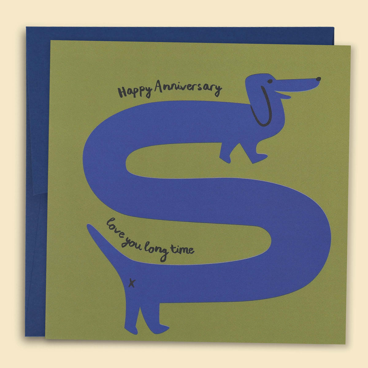 Greeting card with a blue background featuring an illustration of a dachshund in the shape of the letter 'S', with the text 'Happy Anniversary' and 'love you long time'. — Australian-made greeting card by Papernest