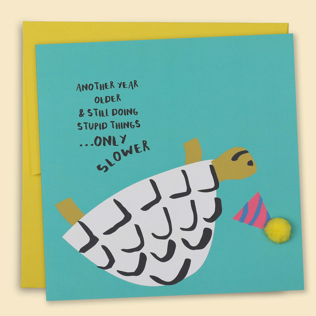 Greeting card with a humorous turtle illustration and the text 'Another year older & still doing stupid things. — Australian-made greeting card by Papernest