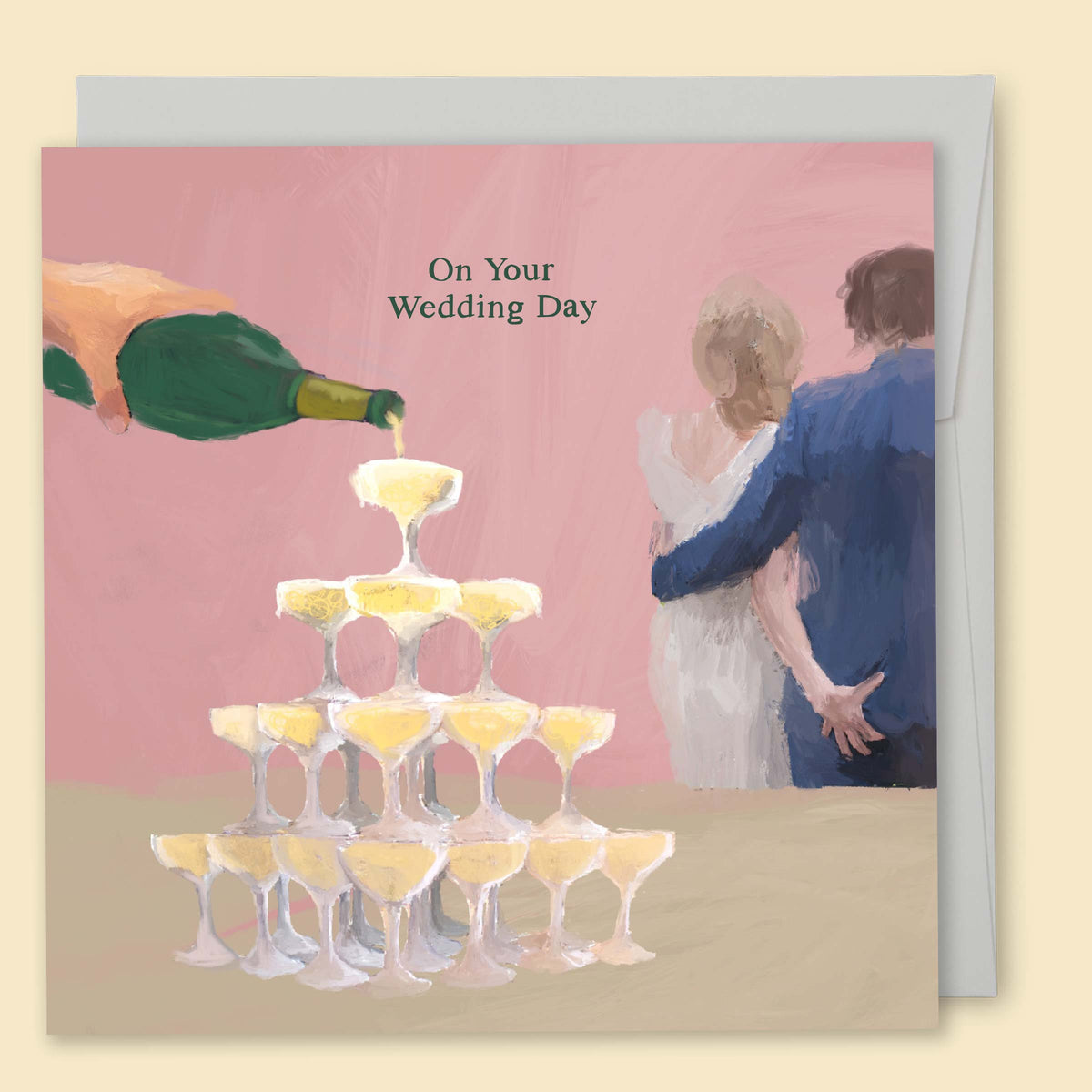 Illustrated champagne wedding card by Nat Pop reading 'On your wedding day'
