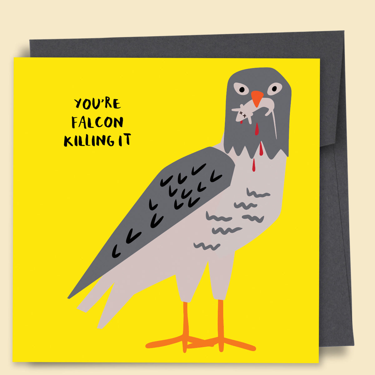A greeting card with a fun illustration of a falcon on a yellow background, with the text 'YOU'RE FALCON KILLING IT' above it. Australian-made greeting card by Papernest.