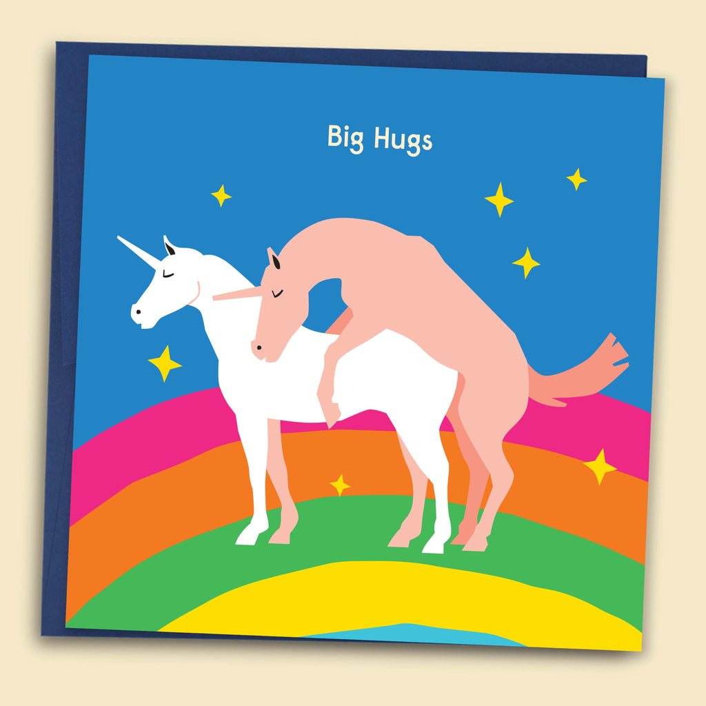 Funny Big Hugs card featuring two unicorns on a rainbow by James Lake - cheeky Valentine's Day, love or anniversary card with love vouchers and plantable confetti
